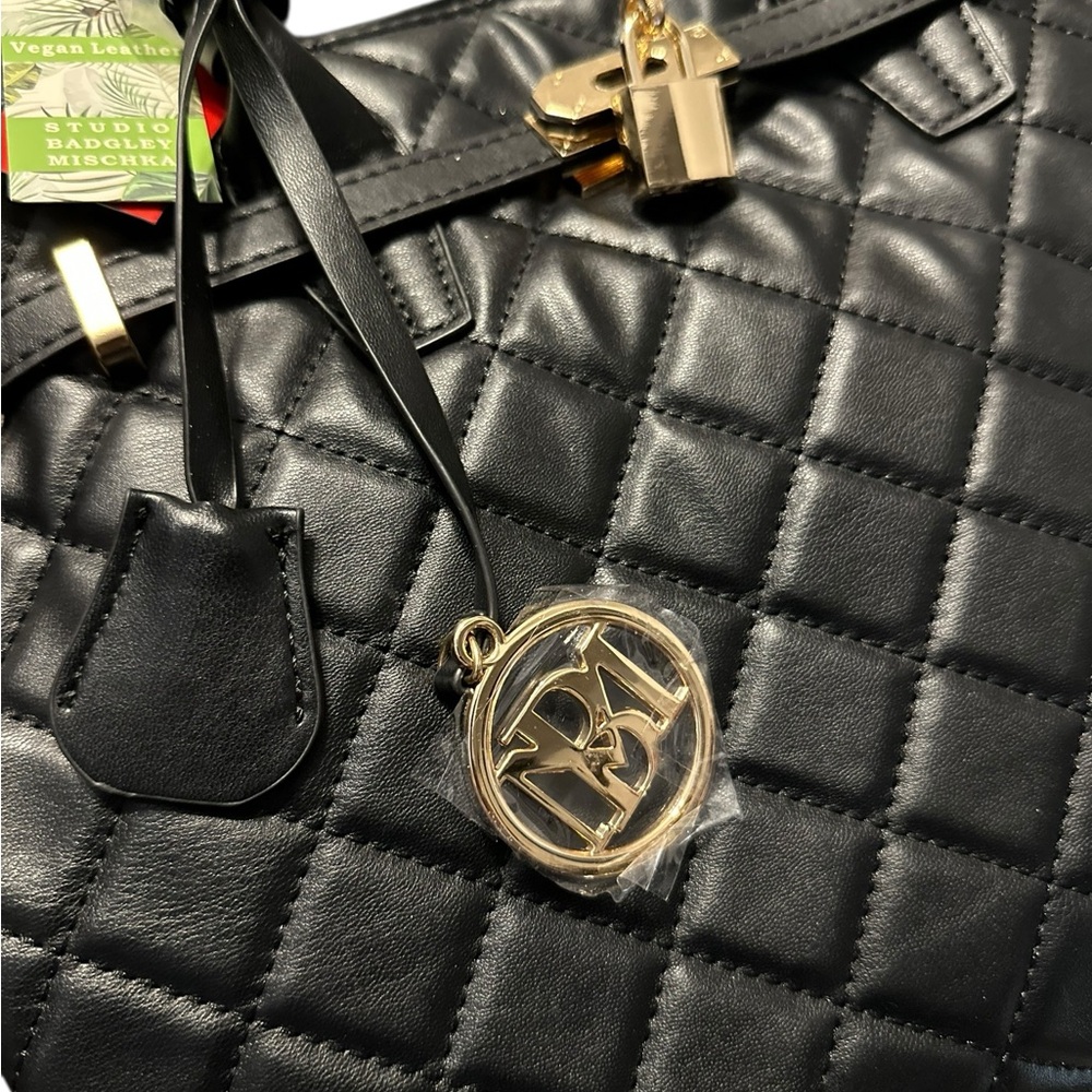 Badgley Mischka Black Diamond Quilted Satchel Gold Hardware Detail Crossbody - Picture 5 of 11